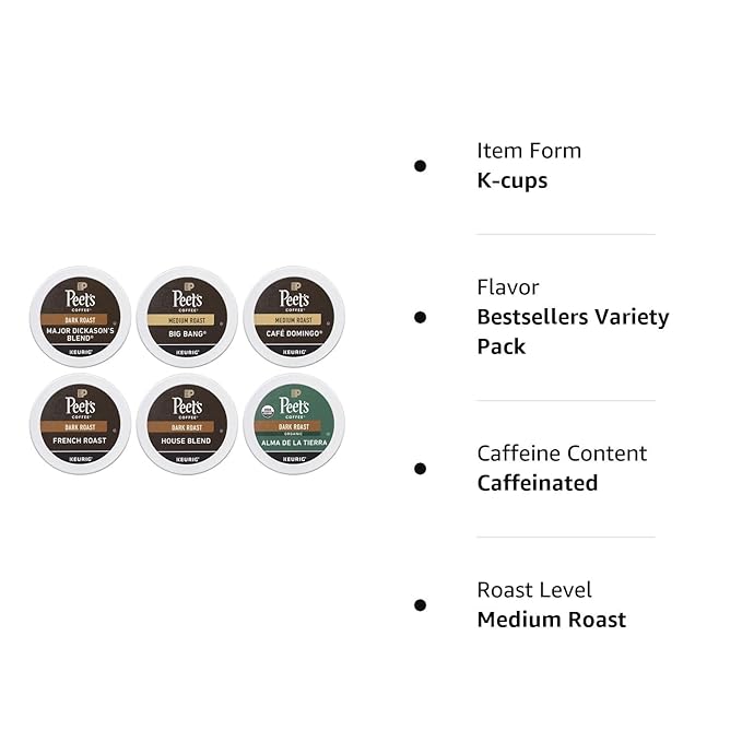 Peet's Coffee Keurig K-Cup Pods Variety Pack 100% Arabica Coffee - Major Dickason's Blend Big Bang French Roast Café Domingo Organic Alma De La Tierra House Blend 60 CT (6 Boxes of 10 Pods)