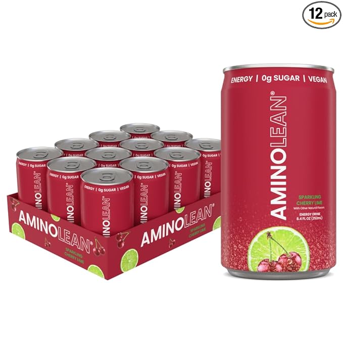 AminoLean Energy Drink MINIS – Sugar Free Anytime Energy with Natural Caffeine &amp Vegan Amino Acids for No Jitters Tingles or Crash Cherry Lime 8 oz 12 Pack