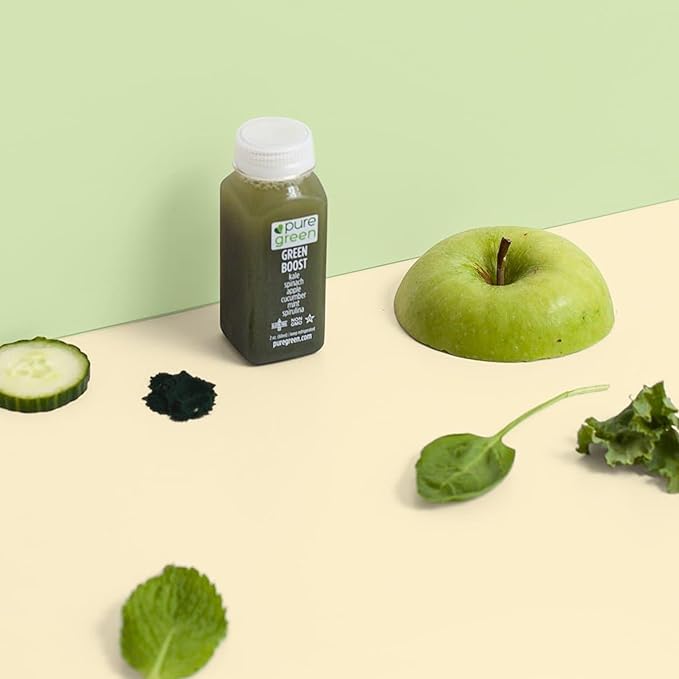 Pure Green Cold Pressed Shots - Green Boost - Fresh Functional Blend with Ginger &amp Lemon - Natural Gluten Free Non-GMO No Artificial Colors or Flavors - Made from Real Fruits &amp Veggies - 2o