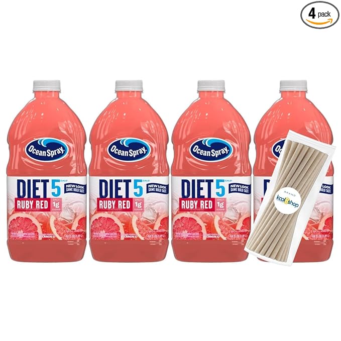 Ocean Spray Diet Ruby Red Juice Drink 64 fl oz Plastic Bottle 4 Pack + 15 Sugarcane Disposable Straws by KOOL8SHOP Infinite Deals