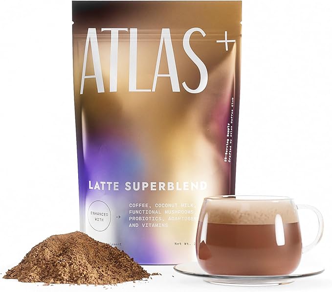 Atlas+ Latte Mushroom Coffee Superblend– Premium Coffee with Collagen Probiotics D3 &amp B12 Lion’s Mane Reishi Cordyceps Coconut– for Energy Focus Immunity &amp Gut Health– 20 Servings (1 B