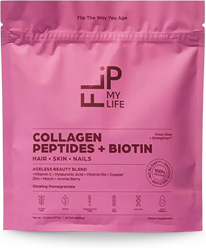 Flip My Life Collagen Peptides + Biotin Hyaluronic Acid &amp Vitamin C - For Hair Skin Nails - Gut Health/Joint Support - Ageless Beauty Blend Supplement Powder for Men/Women - 9g Protein—26 Servi