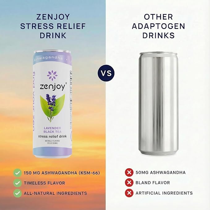 Zenjoy Stress Relief Drink Calming Black Tea Non Alcoholic Ashwagandha &amp Lemon Balm for Stress Relief L - Theanine for Focus (12 Pack) (Lavender)