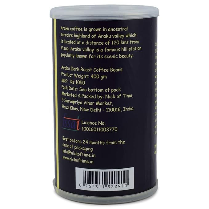 Nick of Time Indian Roasted Coffee Beans from Araku Valley | Tribal Coffee | 100% Arabica AA Grade Dark Roast | Bold and Flavorful with Rich Aroma (400g|14.10 oz)