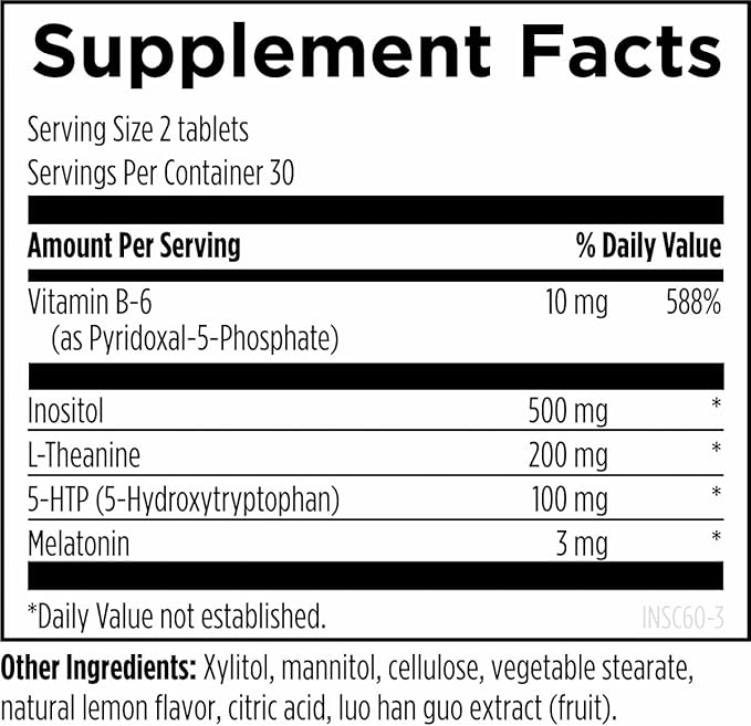 Designs for Health Insomnitol Chewables - Chewable Melatonin - 200mg L-Theanine 5-HTP Vitamin B6 + Inositol - Delicious Lemon Flavored Supplement - Vegan (60 Tablets)