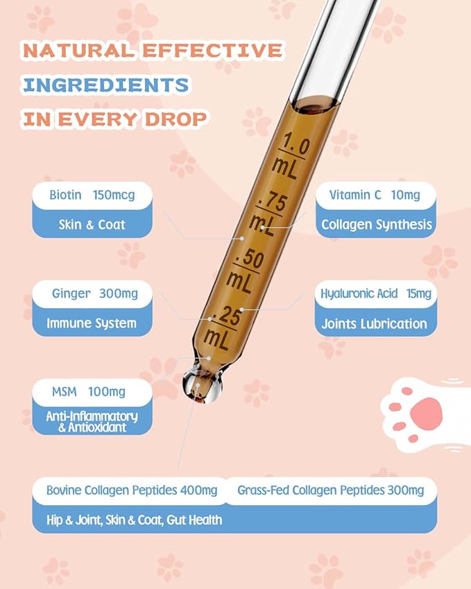 Collagen for Cats &amp Dogs - Liquid Grass Fed Collagen for Cat &amp Dogs - Hip &amp Joint Skin &amp Coat Digestive Function - with MSM Hyaluronic Acid Biotin - Roast Chicken Flavor