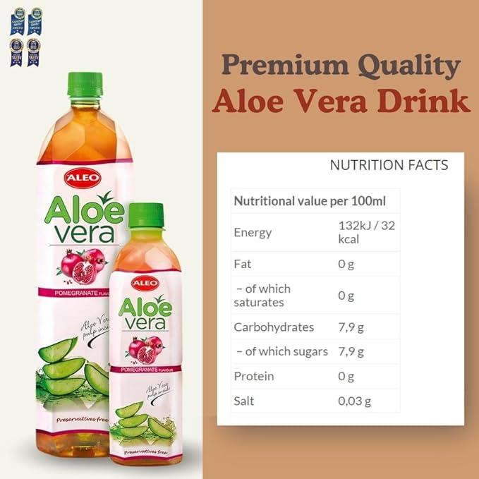 ALEO 0.5L Premium Pomegranate Aloe Vera Drink - Natural No Preservatives No Artificial Colors Superior Taste Award 2025 (24 PCS Pomegranate-0.5L)
