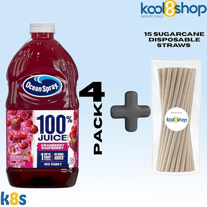 Ocean Spray 100% Cranberry Raspberry Fruit Juice No Added Sugar 64 fl oz 4 Pack + 15 Sugarcane Disposable Straws by KOOL8SHOP Infinite Deals