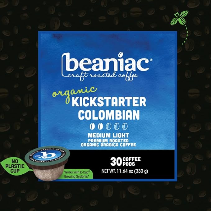 beaniac Organic Kickstarter Colombian Medium Light Roast Single Serve Compostable K Cup Coffee Pods Organic Arabica Coffee Keurig Brewer Compatible 30 Count
