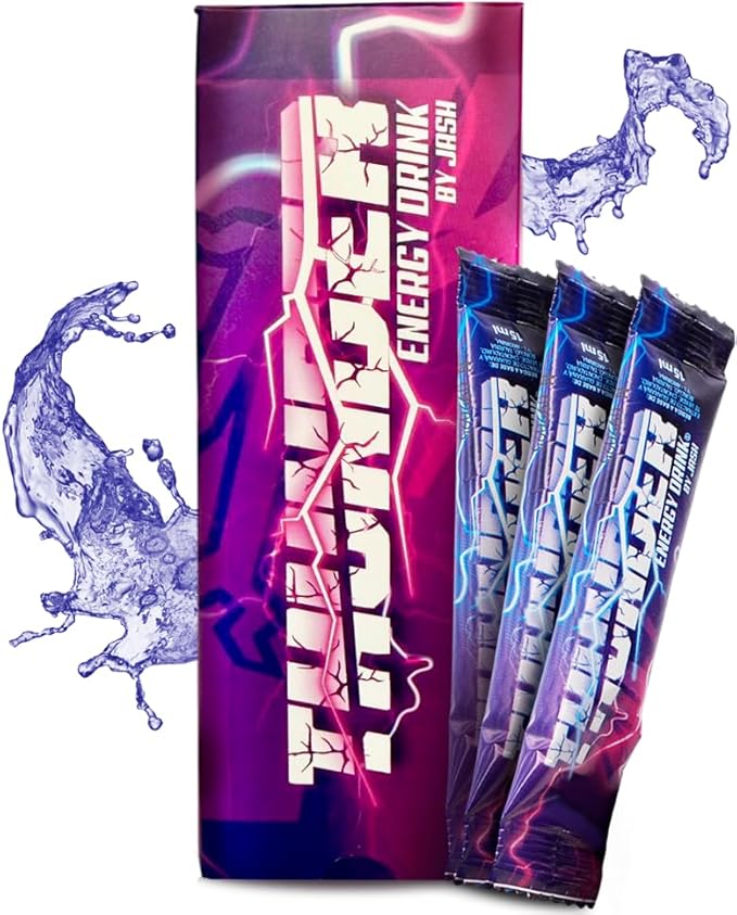 THUNDER energy drink by JASH: box of 10 sachets 15 ml each. Tropical botanical drink in sachets with guarana green tea peach palm and borojó. Liquid format.