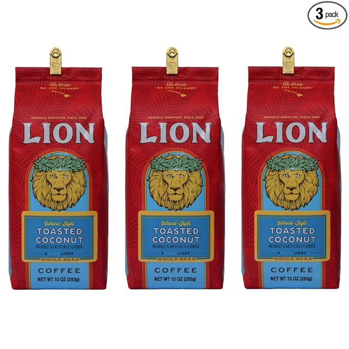 Lion Coffee Toasted Coconut Flavor Light Roast Whole Bean 10 Ounce Bag (Pack of Three)