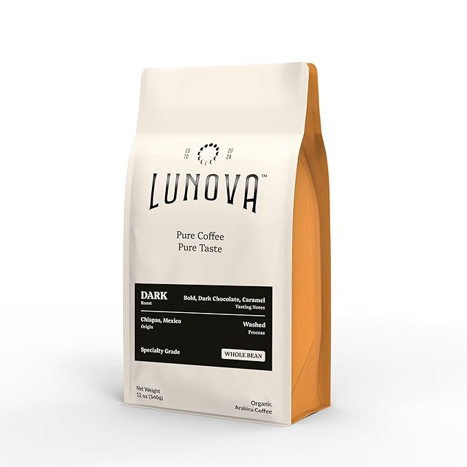 Lunova Organic Mold-Free Coffee Whole Bean | Single-Origin from Chiapas Mexico | Specialty-Grade Third Party Tested (12 oz Dark Roast)