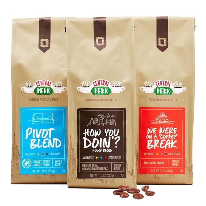 Central Perk Whole Bean Variety Pack - 100% Arabica Coffee Beans Includes Medium Medium Dark &amp Dark Roast Blends How You Doin Pivot &amp We Were On a Coffee Break 3 x 10oz Bags