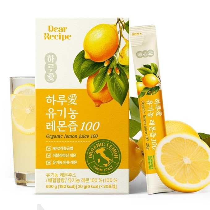 [30 Sticks] Organic 100% Pure NFC Whole Lemon Juice Sticks – 20g Each – Italian Lemon Cold Pressed Product of Korea Non-GMO No Sugar Added