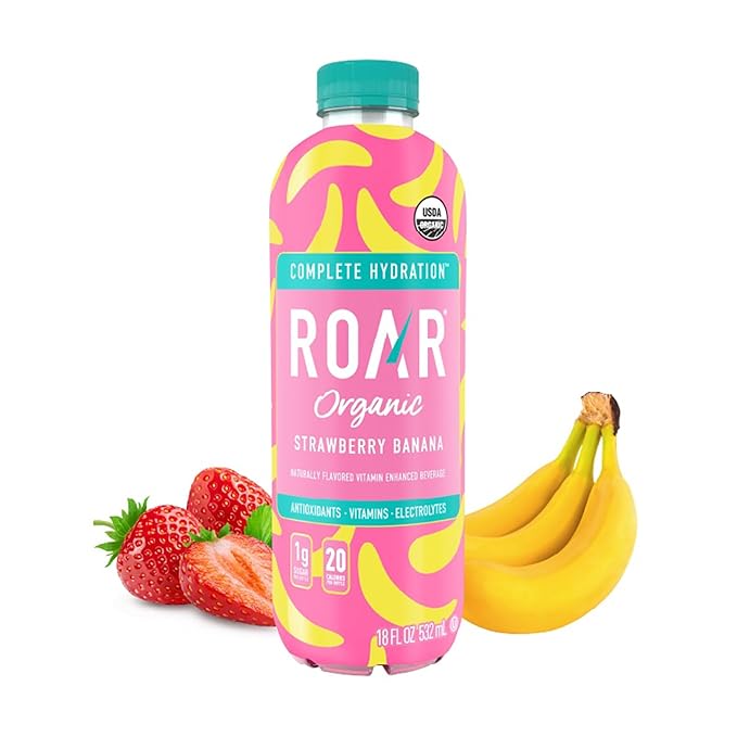 Roar Complete Hydration Organic - Electrolyte Drinks Loaded with Vitamins C B5 B12 - Non-GMO Gluten-Free - Strawberry Banana - 12 pc