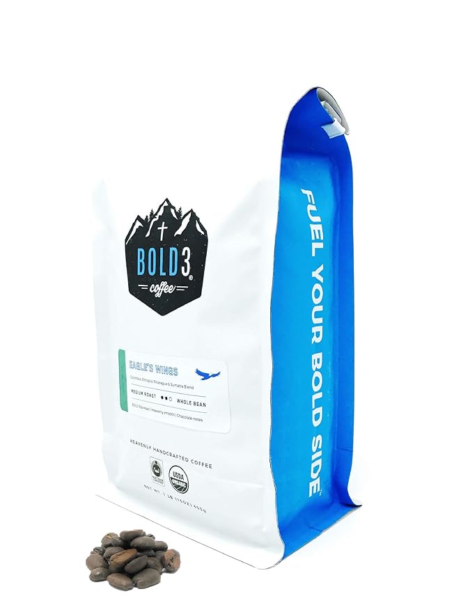 BOLD3 coffee for Jesus Christ Fair Trade Organic Colombian Ethiopian Nicaragua Specialty Gourmet Premium Coffee Beans Best Christian Gift Arabica Medium Roast 1 LB Great Espresso Press Cold