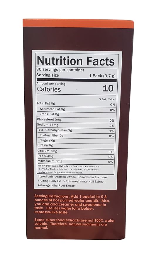 Nuvia Healthy Gourmet Instant Coffee Dairy Free Lactose Free No GMOs No Salt Soy Free Vegan with Organic Ganoderma Pomegranate and African Mango Extracts 30 packets 3.7g each Pack of 1