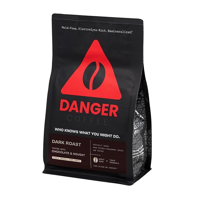 Danger Coffee by Dave Asprey Remineralized Mold Free &amp Lab Tested Whole Bean Coffee Dark Roast 10.9 Ounce