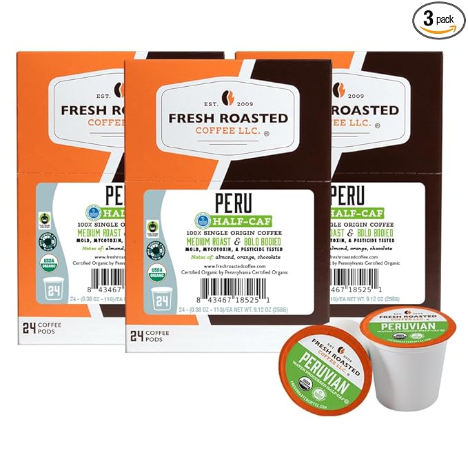 Fresh Roasted Coffee USDA Organic Peru Water-Processed Half-Caf | 3rd Party Tested for Pesticides Mold Mycotoxins Kosher | 100% Arabica Specialty Grade Med Roast 72 Pods for K Cup Brewers