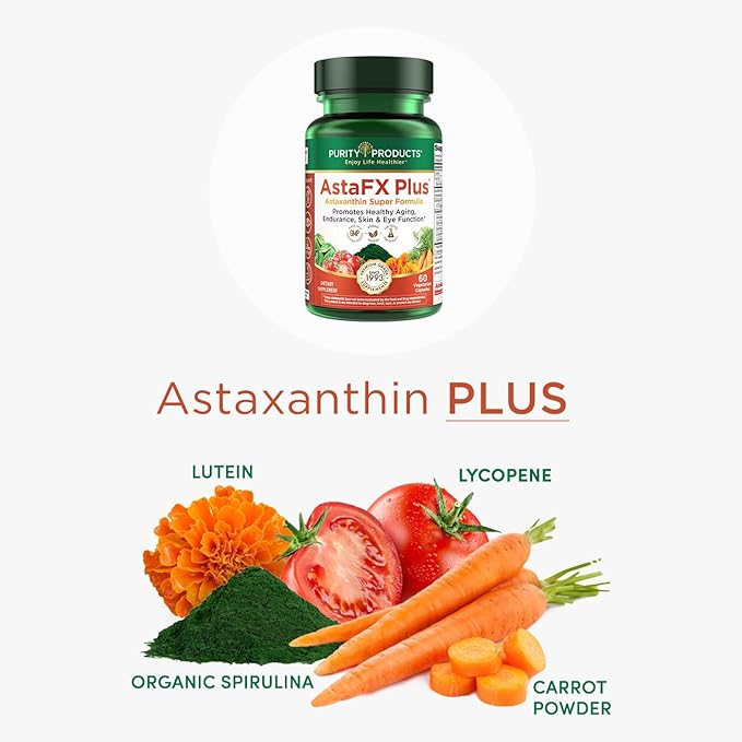 Purity Products AstaFX Plus - Astaxanthin Super Formula - 30 Day Supply from Supports Endurance - Promotes Healthy Skin - Supports Visual Health - Up to 6000 Times More Powerful Than Vitamin C
