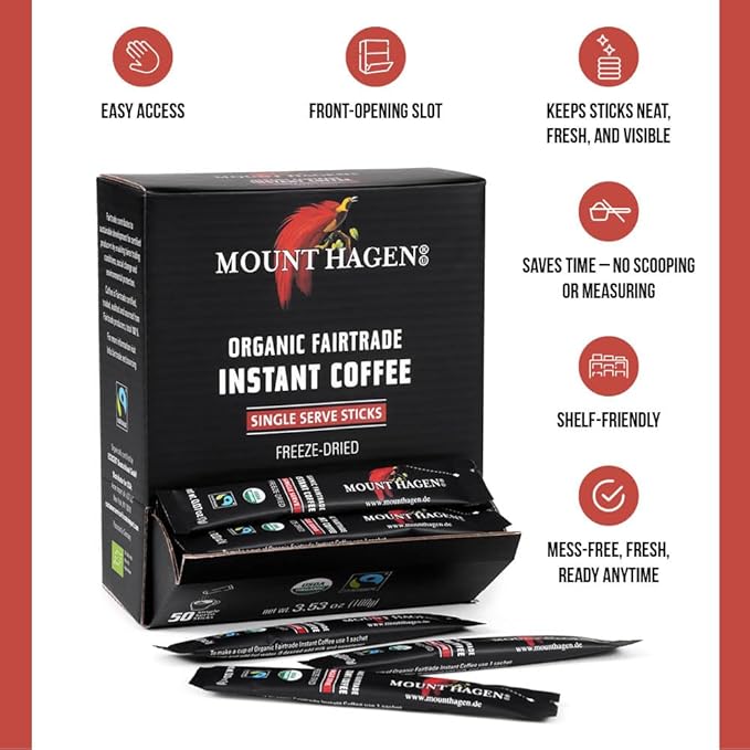 Mount Hagen Dispenser Box – 50 Count Organic Instant Coffee Packets Single Serve Medium Roast Eco-friendly Fair-Trade Freeze-dried Arabica Beans [50 sticks/3.53oz/100g]