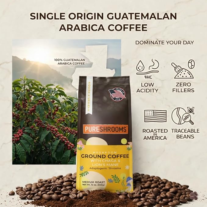 PureShrooms Focus &amp Create Mushroom Coffee – Ground Arabica Blend with Organic Lion's Mane &amp Chaga for Enhanced Focus Memory and Immune Support – 340g