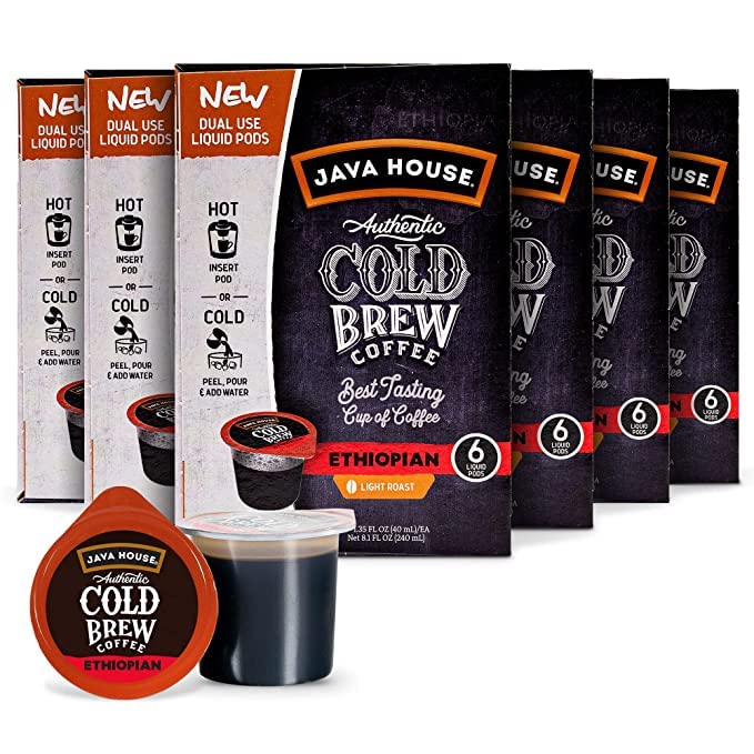 JAVA HOUSE Light Roast Ethiopian Cold Brew Pods (36 Count) Peel and Pour Pods Hot or Iced Instant Coffee Concentrate