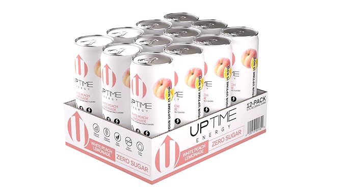 UPTIME Energy Drink White Peach Lemonade Sparkling 12 Pack Vitamin C L Theanine Calcium Sugar Free Energy Drinks for Focus Support 142mg of Natural Caffeine 5 Calories Clean 12 fl oz Cans