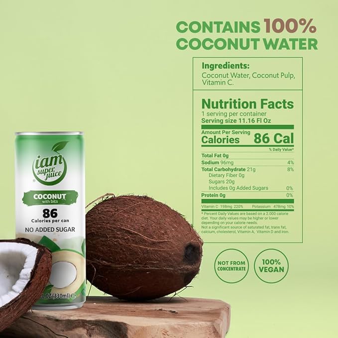 I am Superjuice 100% Coconut Water (With Bits) - Natural Fruit Juice Drink - No Added Sugar or Sweetener - Low in calories (86 per can) - No Preservatives - No concentrate - Naturally Sweet - 12 Pack