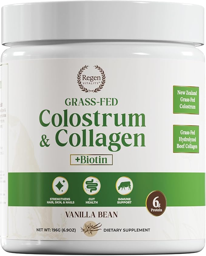 Grass-Fed Colostrum &amp Collagen Powder | Gut Health Hair Skin &amp Joint Support | New Zealand Bovine Colostrum Hydrolyzed Collagen Peptides 300mcg Biotin | Vanilla Bean | 28 Servings
