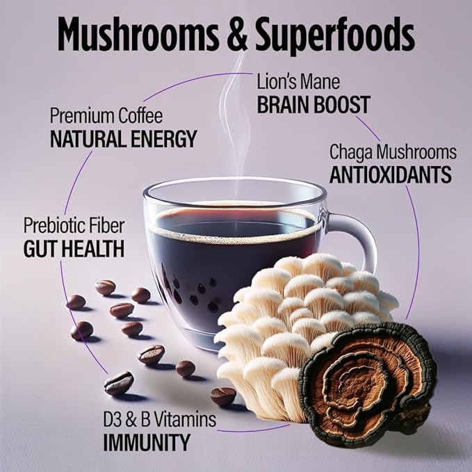 VitaCup Mushroom Instant Coffee | For Memory &amp Clarity Support | with Fiber Chaga Lion’s Mane | D3 &amp B Vitamins | Medium Roast 100% Arabica &amp Robusta Instant Coffee | 30 Servings