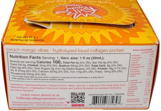 Liquid Collagen Protein Supplement 16000mg (16g) of Hydrolyzed Collagen Types I &amp III for Healthy Hair Skin Nails &amp Joints 1oz Packs (Box of 30) Sugar Free (Peach Mango Vibes)