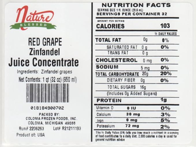 Nature Blessed 100% Pure Zinfandel Red Grape Juice Concentrate - 1 Quart (1/32 fl oz bottle) Applications: Home Wine Making Brewing Distilling Smoothies Mead