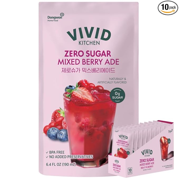 VIVID KITCHEN | Mixed Berry Ade Pouch drinks – Zero Sugar Zero Calories | Korean Convenience Store Drink | No Artificial Preservatives or Corn Syrup | 6.4 fl oz (10 Pouches) (10 Pouch Mixed Berry Ad
