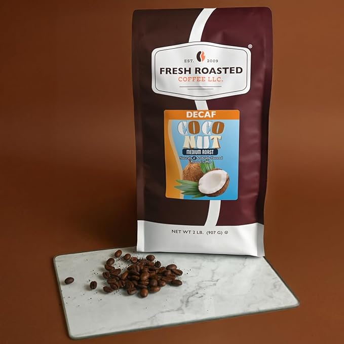 Fresh Roasted Coffee Decaf Coconut Flavored Coffee 2 lb (32 oz) Medium Roast Kosher Whole Bean