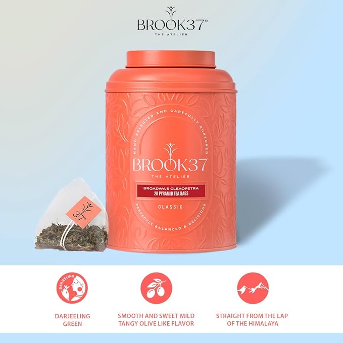 Brook37 Broadway's Cleopatra - Premium Single Estate DarjeelingGreen Tea | Low Caffeine | Smooth and Sweet Mild Like Flavor | 20 Tea Bags | Plastic Neutral Brand | Ideal Tea Gifts