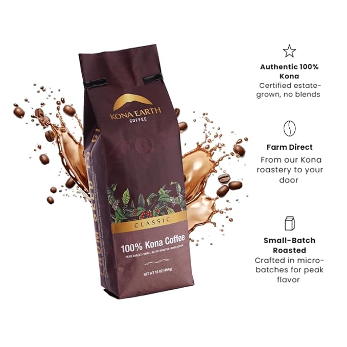Kona Earth - Dark Roast Hawaiian Espresso Whole Bean 1lb (16 oz) Farm-Direct coffee beans from Hawaii’s Big Island Micro-Batch-Roasted