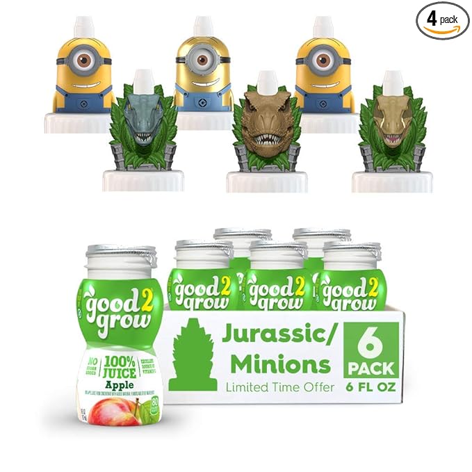 good2grow Jurassic World and Minions LIMITED TIME ONLY 6 Pack 100% Apple Juice 6-Ounce Spill Proof Character Top Bottles Non-GMO with no Sugar Added and Excellent Source of Vitamin C