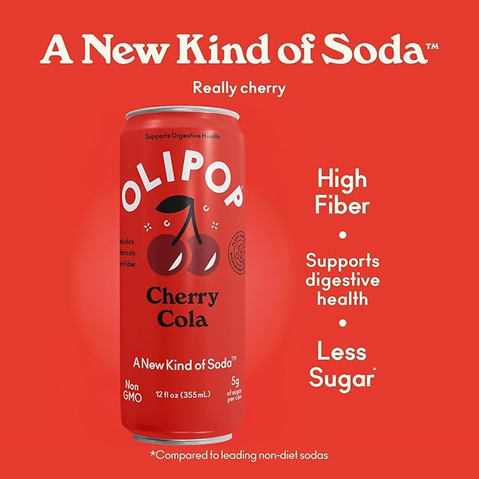 OLIPOP Prebiotic Soda Pop Cherry Cola Pantry Pack Packed with Prebiotics Fiber and Botanicals Gluten Free GMO Free 12oz Skinny (12-Cans)