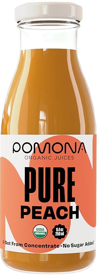 Pomona Organic Peach Juice (Pack of 12) Cold Pressed USDA Organic Juices 100% Peaches No Added Sugar Not From Concentrate Vegan Kosher Non GMO Pasteurized 8.4 oz Glass Bottles