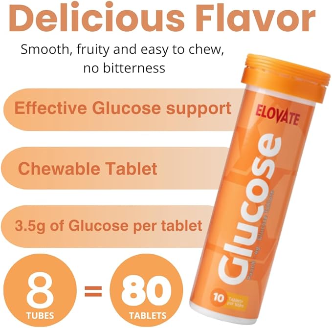 ELOVATE Fast Acting Glucose Tablets Peach Flavor – Raise Low Blood Sugar 15g Per Serving Chewable Gluten Free – 8 Tubes (80 Count)