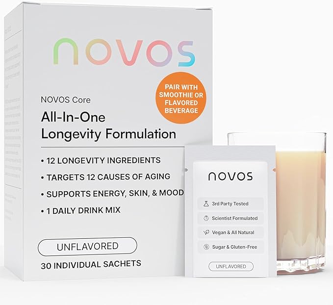 NOVOS Core Longevity Mix Anti-Aging Supplement Drink Powder Packet Unflavored - Skin Support Energy Mood Support Sleep and Cognition Support - 30 Servings