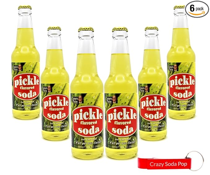 Pickle Soda Pop | For the Extreme Pickle Lover | Soda Pop with Real Cane Sugar | A 6 Pack of 12 oz Glass Bottles with Crazy Soda Pop Bottle Opener