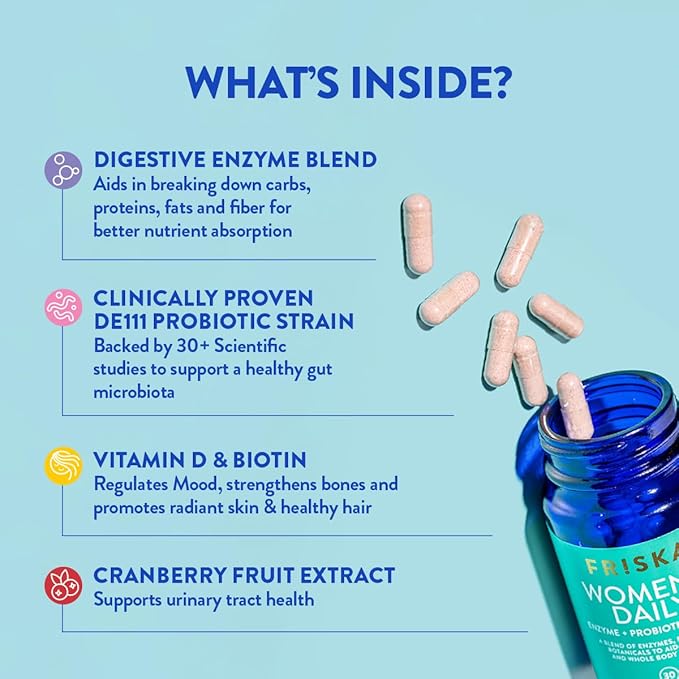 FRISKA Women’s Daily Digestive Enzyme and Probiotics Supplement Advanced Natural Support for Female Digestive Health Fights Bloating Eases Digestion Supports Nutrient Absorption 30 Capsules