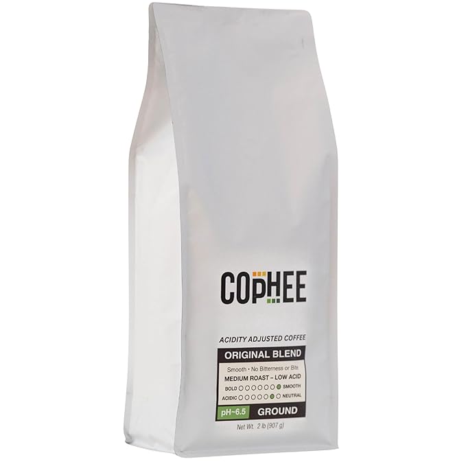 Low Acid Coffee – Original Blend – Bulk Pack – Ground Medium Roast – Smooth Non-GMO Arabica Coffee – Electrolyte Infused for Sensitive Stomachs Acid Reflux and Heartburn ~pH 6.5 – 32 oz Original by