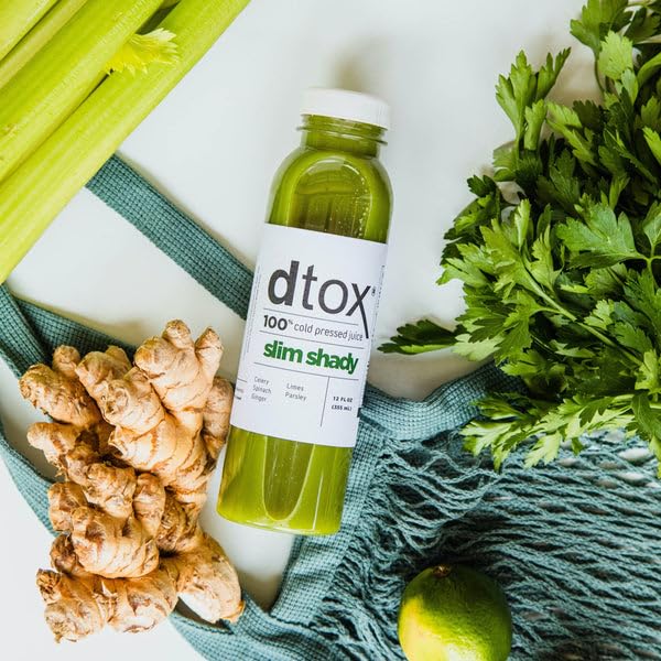 Dtox Juice – Slim Shady Green Juice Box (12-Pack 12 oz bottles) | Cold-Pressed Celery Spinach &amp Ginger | No Added Sugar 30 Calories Per Serving