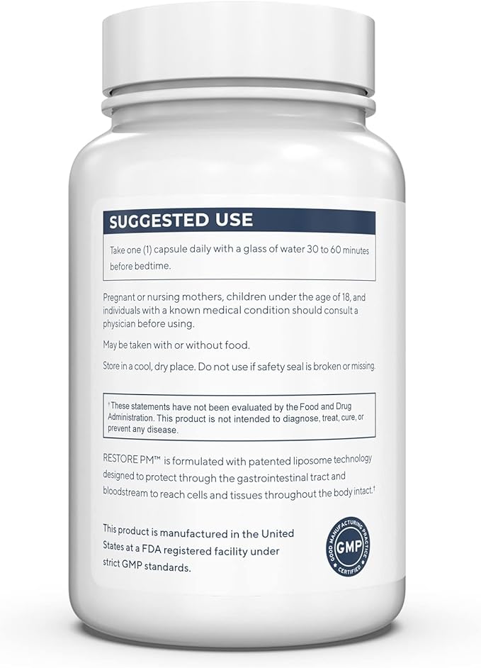 Renue By Science Restore PM | Liposomal Melatonin GABA Supplements | 60 Capsules with Melatonin (3.5mg) 5HTP (100mg) Glutathione (65mg) Apigenin (75mg) GABA (150mg) - Non-GMO | Made in The USA