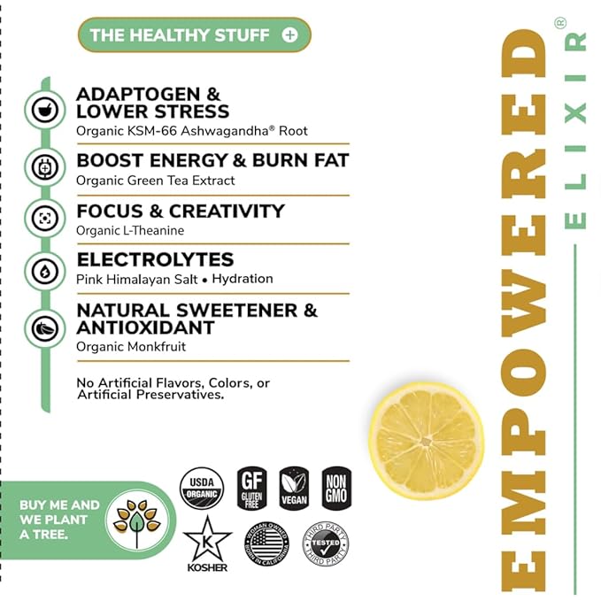 Organic Strawberry Lemon Basil Energy &amp Focus Drink | Green Tea (Natural Caffeine) L-Theanine Ashwagandha Electrolytes |12oz. Cans (Pack of 12)