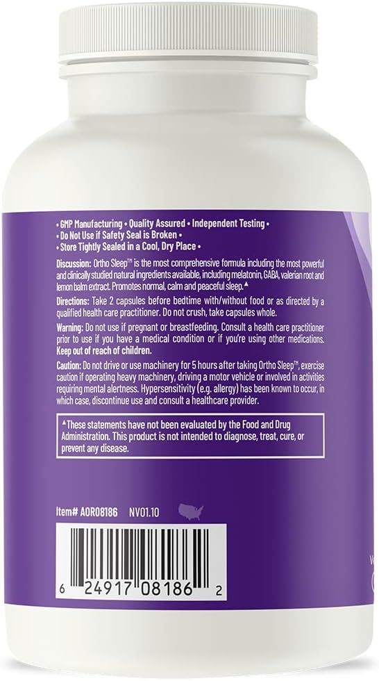 AOR Ortho Sleep 443 mg 60 Vegan Capsules 60-Day Supply with GABA Melatonin &amp L-Theanine Travel-Friendly Format GMO &amp Gluten-Free Designed for Evening Relaxation &amp a Consistent Night