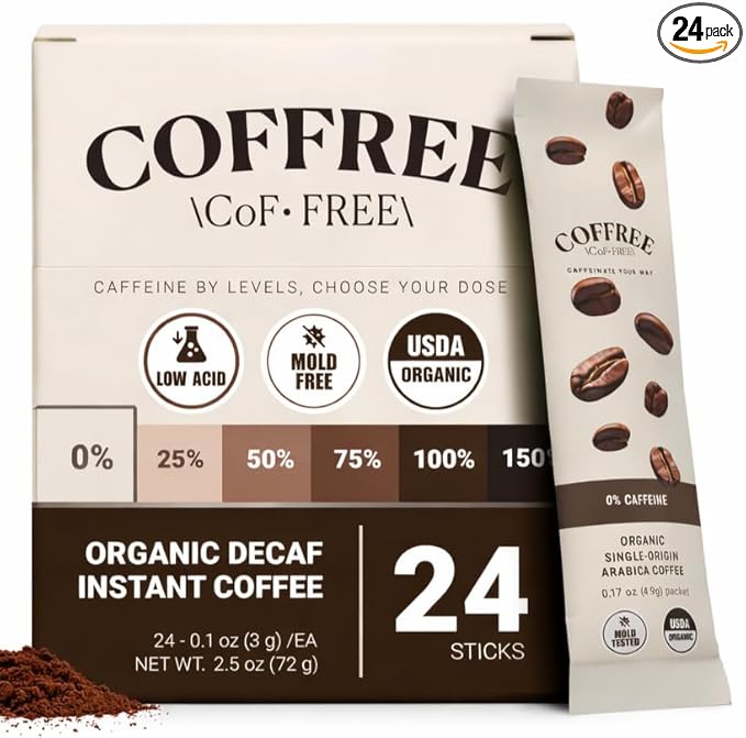 COFFREE Organic Instant Coffee Packets - 0% Decaf Convenient Coffee Sticks Mold Free Low Acid Arabica Beans for On-the-Go Energy - Hot or Cold Balanced Taste Single Serve Travel Packets 24 Count